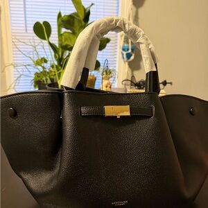 Black Structured Tote Handbag with Gold Accent
